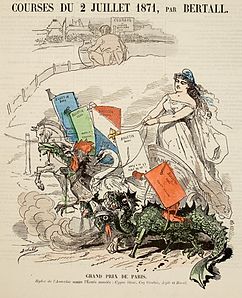 Courses du 2 juillet 1871, par Bertall Dessin du Grelot du 25 juin 1871, à propos des élections législatives partielles du 2 juillet 1871. Faisant la course avec l'hydre de l'anarchie, le char de la République est attelé au cygne légitimiste, au coq orléaniste, à l'aigle bonapartiste et au cheval de labour des ruraux.