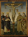 Cristo crocifisso tra angeli e i santi Leonardo, Antonio abate, Francesco e Chiara (inizi XVI sec.), dipinto su tavola di Tiberio d'Assisi