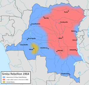 Восстание Симба (выделено красным) и восстание в Квилу (выделено жёлтым)