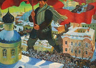 Red was the color of the Russian Revolution in 1917. The Bolshevik, painting by Boris Kustodiev (1920).