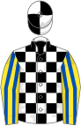 White and black check, yellow and royal blue striped sleeves, white and black quartered cap