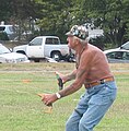 Professional kite flyer and aerial ballet master Ray Bethell performing at the Berkeley Kite Festival. This photo shows Ray flying three stunt kites simultaneously.