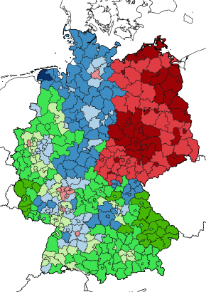 A Map of Germany showing religious statistics by district. And Catholicism predominates the south and west, Protestantism Swabia and the north, and other or no religion dominates the east and some major cities.