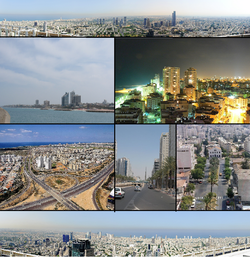 From top left: تل آویو، هرتزلیا، بت یام، نتانیا، اشدود، ریشون لتسیون، Southern Suburbs of تل‌آویو.