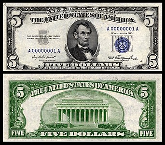 Five-dollar silver certificate from the series of 1953, by the Bureau of Engraving and Printing