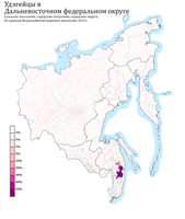 Settlement of Udege in the Far Eastern Federal District by urban and rural settlements in%, 2010 census