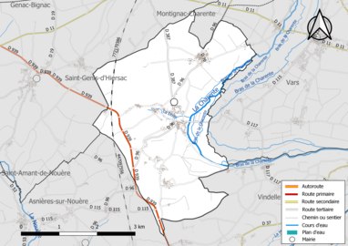 Carte en couleur présentant le réseau hydrographique de la commune