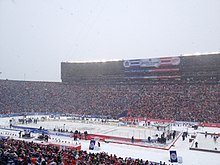 A view of the 2014 Winter Classic ice hockey game from the stands of Michigan Stadium.
