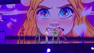 Dymyd (Centre) performing during the jury show of Junior Eurovision 2023