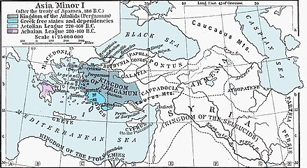 Map of the Diadochi successor states in 188 BCE. By 167 BCE, the start of the revolt, the Antigonid Kingdom of Macedonia (independent in 188 BCE) had been shattered and mostly conquered by the Roman Republic. The Kingdom of Pergamon, directly on the Seleucid border, was a close Roman ally. Rhodes would become "permanent allies" of the Romans in 164 BCE.