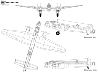 Orthographic projection of the Avro Manchester Mk I, with profile detail of Mk.IA