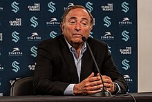 Gary Bettman speaking at a 2023 press conference