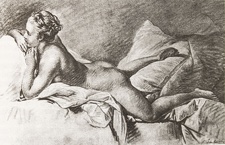 Joven recostada (estudio preparatorio). c. 1751. Carboncillo sobre papel.