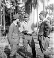 Captain Susumi Hoshijima (centre) during the war crimes trial in Labuan, January 1946. He was found guilty of causing the deaths of POWs at Sandakan camp and subsequently hanged in 1946.[101]