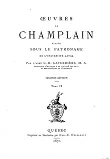 Une édition de 1870 des œuvres de Samuel de Champlain, où l'on peut retrouver le compte-rendu de ses discussions avec Anadabijou.