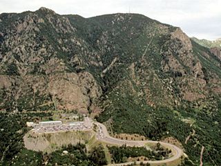 Aerial photograph of the NORAD parking lot, NORAD Road, and the antenna farm, 2011