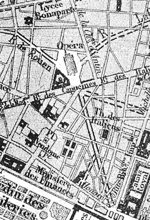 Détail d'un plan de 1869 montrant les rues antérieures à la percée de l'avenue.