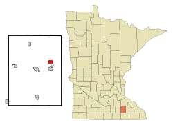 Location of Mantorville within Dodge County and state of Minnesota