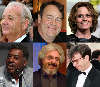 Portrait photos of the stars of the film: Bill Murray, Dan Aykroyd, Sigourney Weaver, Ernie Hudson, Harold Ramis, and Rick Moranis