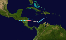 A map plotting the path of Hurricane Iota from the Caribbean Sea, across Nicaragua, and then Honduras