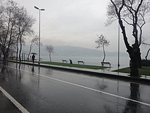 A view of the Bosporus on a rainy day. Trees are visible on the sides of the photo, while visibility is low in the far-plane.