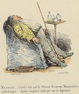 Ma bonne dit… La belle vie que mène Monsieur Grassoun. Il mange, boit, chante et roupille !… Cette coquine ! Elle compte pour rien la digestion !, caricature parue dans Album provençal. Études de mœurs locales, 1862.