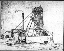 Fusain représentant le puits no 1 des Malécots en 1868.