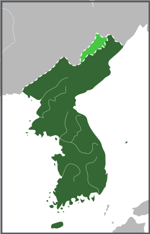 대한제국의 영토(1903년 ~ 1905년). 분쟁이 있는 간도와 삼지연 지역은 연한 녹색으로 표시되어 있다.