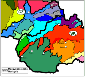 Carte de localisation des Beskides moravo-silésiennes (en hachuré).