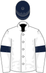 White, dark blue armlets and cap