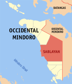 Mapa han Occidental Mindoro nga nagpapakita kon hain namahutang an Sablayan.
