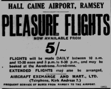Printed advertisement offering pleasure flights from Hall Caine Airport