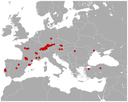 Mapa de distribución de fósiles de Prolagus oeningensis.[1]​[n 1]​