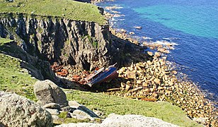 Remains of the RMS Mülheim near Land's End in Cornwall, UK in 2010.