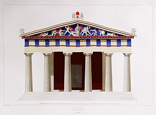 Reconstruction drawing of the facade of the Temple of Aphaia, Aegina, Greece, including its pediment, unknown temple architect or illustrator, c.500 BC