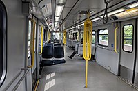 An almost empty SkyTrain; normally trains would be packed full of people.