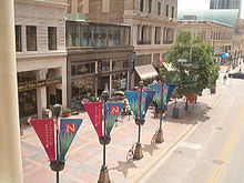 View of Nicollet Mall from the skyway. Street banners in view made by Banner Creations, Inc.