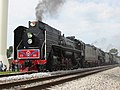 A triple-headed mainline steam excursion stopping for water in Atkinson, Illinois, on September 16, 2006