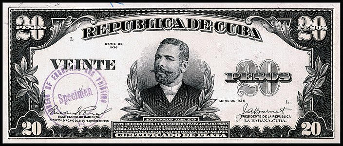 Twenty-peso silver certificate from the 1936 series, certified proof obverse, by the Bureau of Engraving and Printing