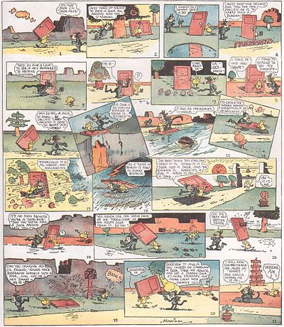 Cartoon page of Krazy Kat as Krazy tries to understand why Door Mouse is carrying a door from January 21, 1922.