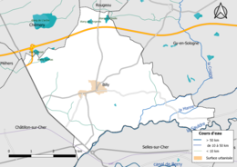 Carte en couleur présentantle réseau hydrographique de la commune