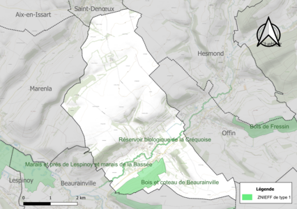 Carte des ZNIEFF de type 1 sur la commune.