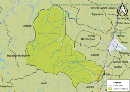 Carte des ZNIEFF de type 2 sur la commune.