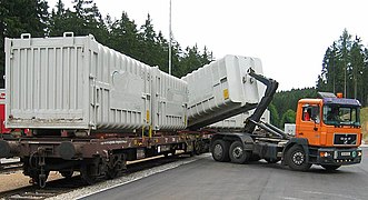 Prise en charge d'un conteneur ACTS par un camion.