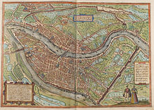 Carte couleur de Lyon, orientée vers le sud-ouest ; deux ponts y sont visibles, un sur chaque cours d'eau. Toutes la presqu'île et le Vieux Lyon sont urbanisés, mais pas les pentes des deux collines.