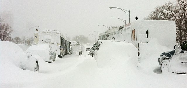 Cars covered in snow on Lake Shore Drive