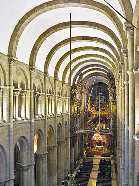 Interior of the Cathedral of Santiago de Compostela, Spain, a major pilgrimage destination.