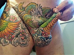 Penis, scrotum and pubic region covered with a dragon tattoo