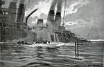 The sinking of the French battleship-cruiser Léon Gambetta on 27 April 1915, after a painting by Kircher
