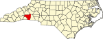Mapa de Carolina del Norte con la ubicación del condado de Rutherford